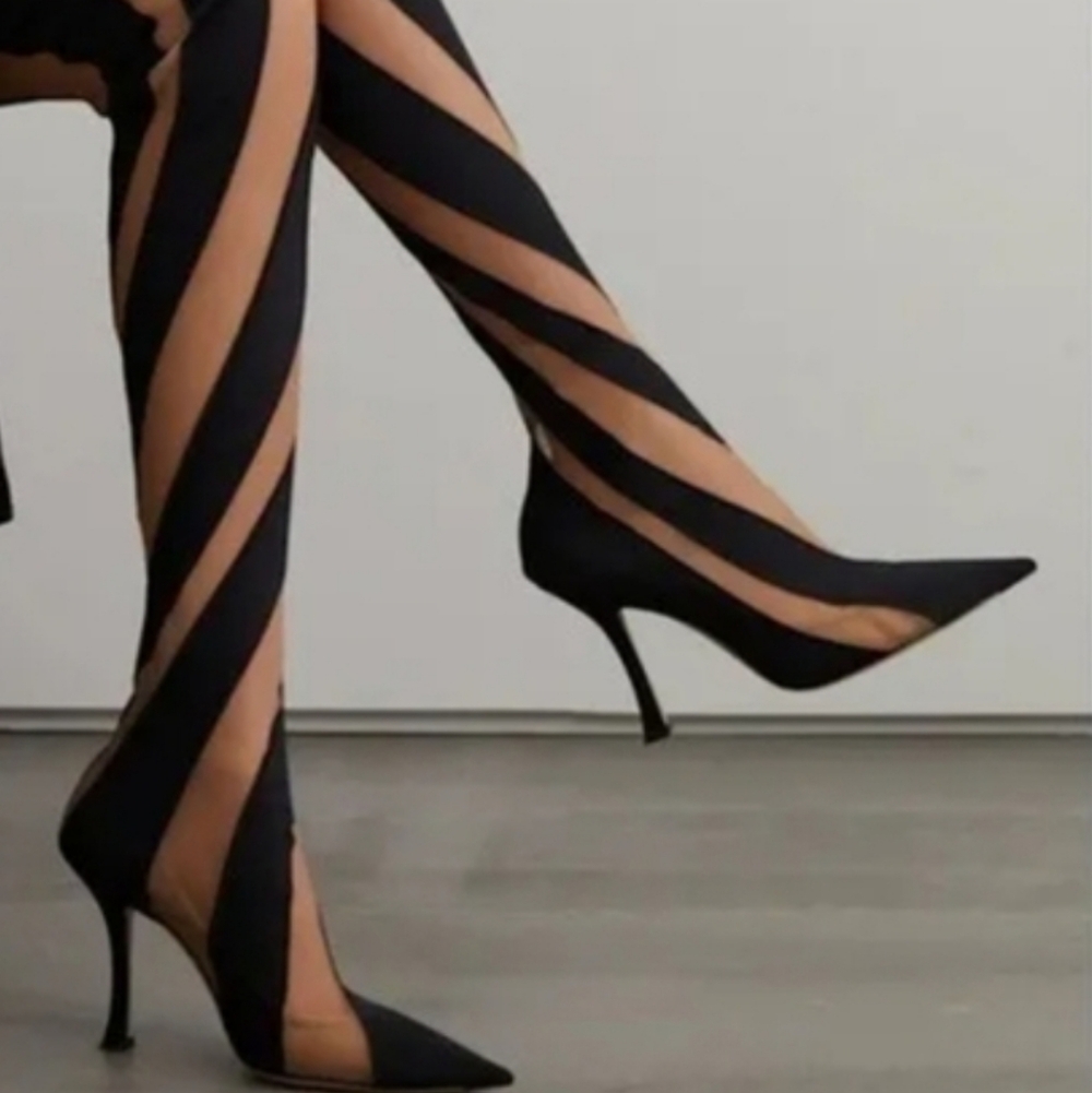Over-the-Knee Striped Thigh High Boots - Black & Tan Illusion Mesh Heels - Picture 5 of 13